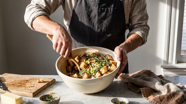 Homemade Thanksgiving stuffing preparation with bread cubes and herbs in kitchen
