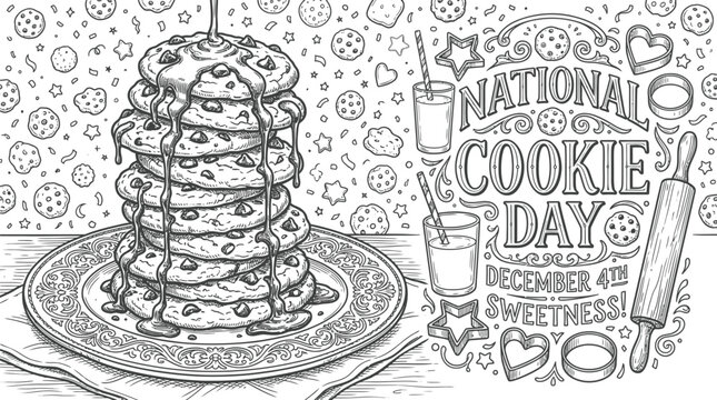 National Cookie Day December 4th typography with chocolate chip cookie stack black and white line art vector