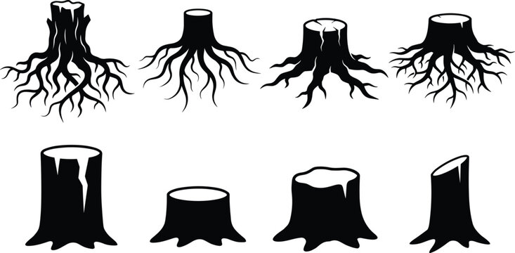 Collection of Black Tree Stump and Root Silhouettes Isolated on White Background