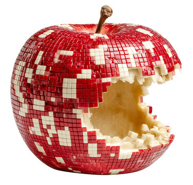 Digitally altered apple with pixelated surface and large bite taken out, symbolizing digital consumption. apple vibrant red and white pixel pattern contrasts with natural interior., isolated
