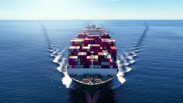 Front view tracking of a heavy loaded super container cargo ship traveling with speed over the ocean