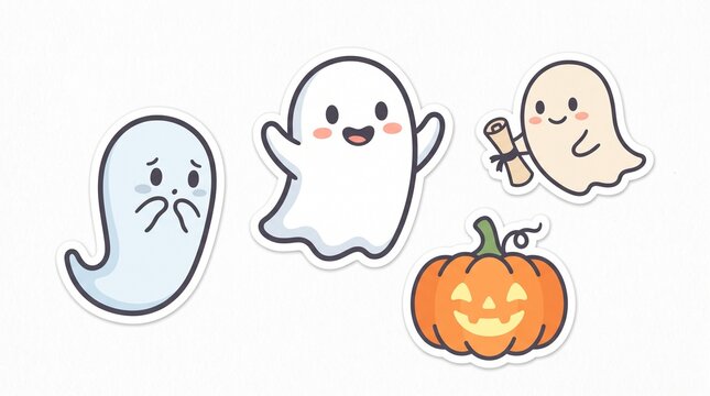 Set of cute cartoon die cut stickers featuring three different ghosts and a smiling jack o lantern on a plain white background