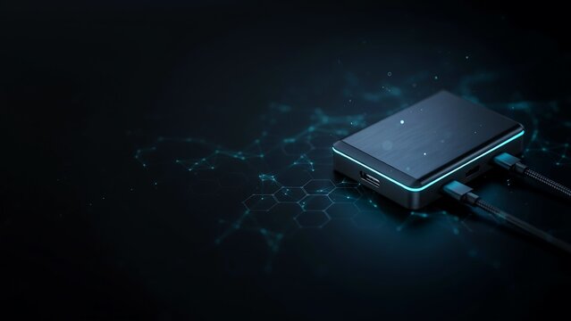 Modern portable external hard drive with blue glowing led connected via cables on a digital background