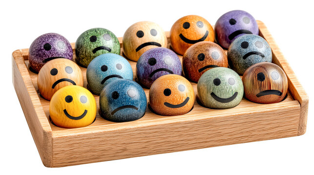 Colorful wooden beads with smiley and sad faces are neatly arranged in wooden tray, showcasing variety of emotions., isolated