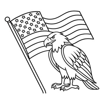 American Bald Eagle and Waving American Flag Patriotic Coloring Page