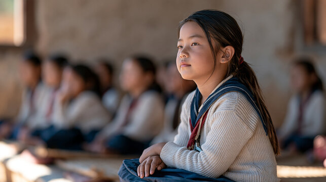 Nepali village schoolroom with rough plaster walls where rows of uniformed children sit cross legged on woven mats reciting multiplication tables aloud together, afternoon monsoon