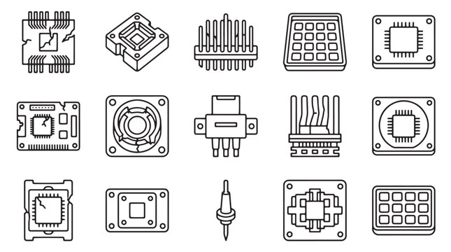 Minimalist CPU and processor line icons, 15 computer chip vector elements, technical microchip and semiconductor hardware symbols for technology diagrams