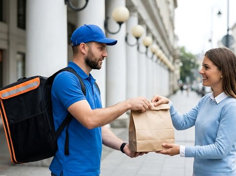 Delivery person handing food order to a smiling woman on a city street