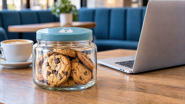 Glass cookie jar with lock symbol lid filled with chocolate chip cookies next to laptop in cafe. Internet browser cookies policy concept, GDPR compliance, web tracking and data privacy protection
