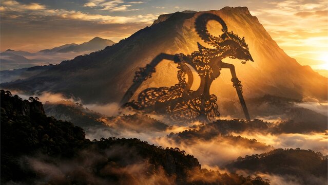 Majestic Wayang Kulit Shadow Puppet Silhouette Against Mountain Sunrise Landscape