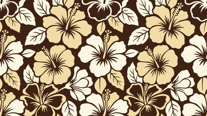 Seamless tropical hibiscus floral pattern on a dark brown background. Vintage Hawaiian aloha print design with beige and cream flowers and leaves for textile and wallpaper. Flat vector illustration EP © Robich Art