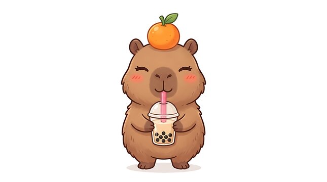Cute Capybara Drinking Boba Bubble Tea with Orange Fruit on Head Vector Illustration