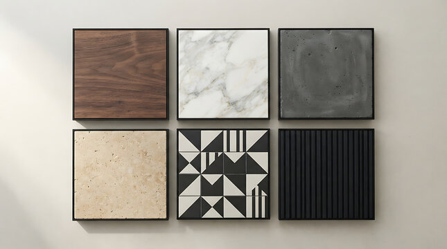 Set of six square material texture samples with diverse surface