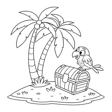 Cute parrot sitting on a pirate treasure chest on a tropical island with palm trees, black and white outline coloring page vector illustration for kids.