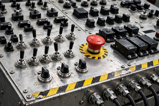 Industrial control panel with red emergency stop button