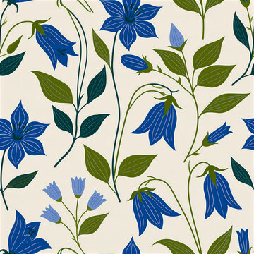 minimalist repeating pattern with bluebells on a light beige background,seamless floral pattern