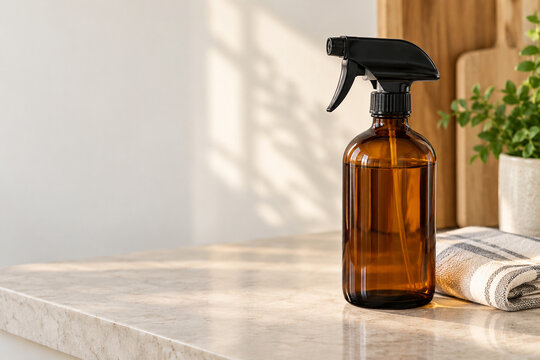 Amber glass spray bottle and cotton cloth on kitchen counter