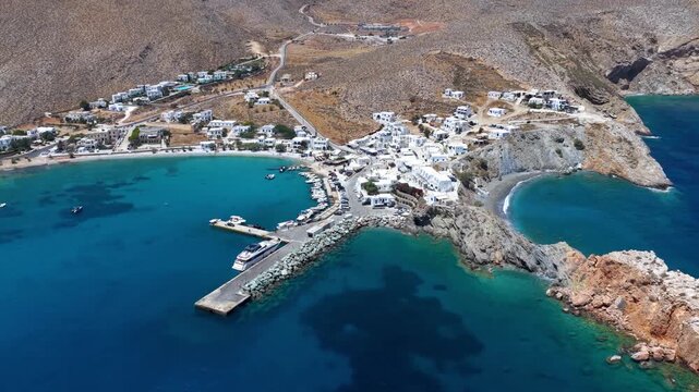 Aerial view of the port Karavostasis, main port and marina at the island of Folegandros, Cyclades, Greece