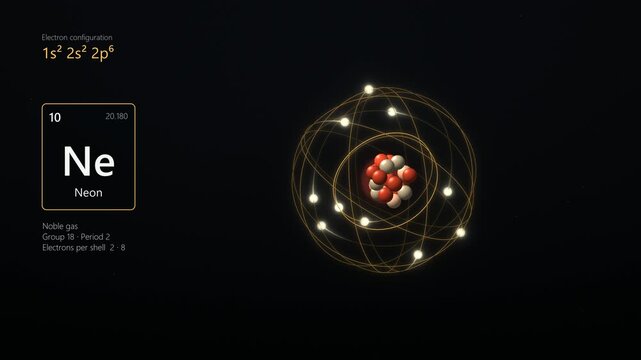 Neon atom with electrons circling the nucleus in a glowing Bohr model, seamless 4K loop with periodic table label. Concept of chemistry lessons, science education videos and physics explainers