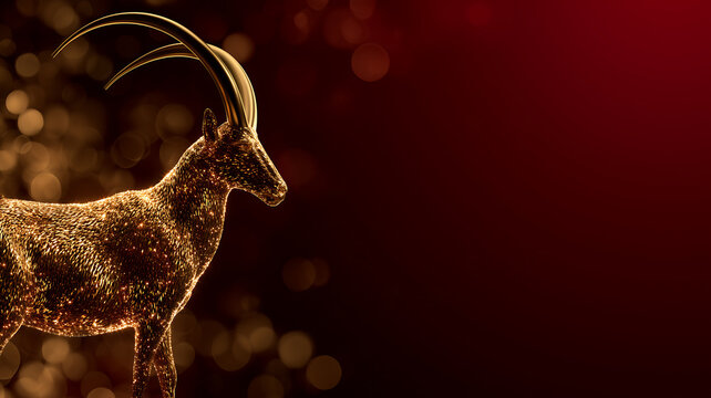New Year banner with a glowing golden goat on a dark red bokeh background and copy space,Golden Capricorn Zodiac Symbol with Sparkling Bokeh Illustration