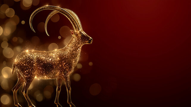 Christmas banner with a glowing golden goat on a dark red bokeh background and copy space,