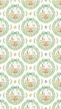 Seamless repeating pattern of cute teddy bear and wildflower botanical medallions with mint green ruffled frames on cream paper texture