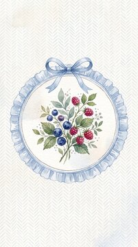 Watercolor blueberries and raspberries in soft blue ruffled botanical medallion with blue ribbon on fine herringbone background
