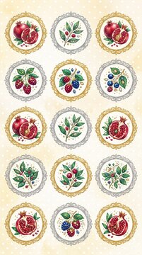 Grid of jeweled watercolor pomegranates and berries with gold and silver frames on butter yellow polka dot background
