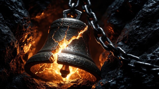 Broken metal bell hangs on heavy iron chain in dark cave. Glowing orange light shines from inside cracks of old antique bell. Mysterious cracked chime sits amidst dark rocks, shadows. Dramatic mystic