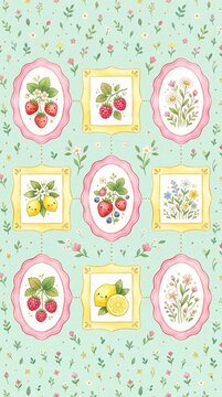 Cute kawaii watercolor 3x3 grid of fruit and wildflower medallions with pink and yellow frames on mint green botanical pattern background
