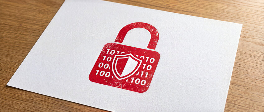 Red stamped padlock graphic with a shield and binary code printed on a textured white paper sheet on a wooden desk. Concept of cyber security, data privacy, and digital information protection