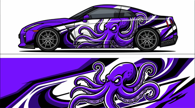 Purple octopus car wrap vinyl decal design.