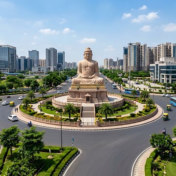 Buddha Statue at Urban Roundabout in Bright Daylight