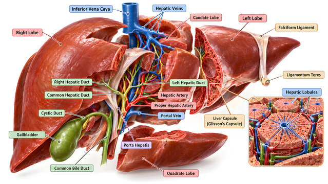 Anatomical photo shows human liver and related organs