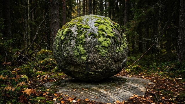 Perfect Spherical Glacial Erratic Boulder Covered in Moss in a Finnish Forest