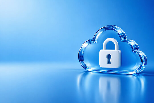 Cloud security and data protection concept. Transparent glass cloud shape with a white padlock inside. 3D render on a blue background for cybersecurity and IT solutions