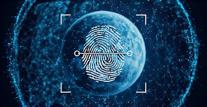 Digital fingerprint scan overlaid on a glowing blue network globe