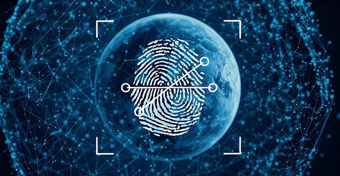 Digital world fingerprint scan over earth with network connections