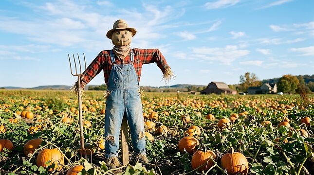 Scarecrow standing in a pumpkin patch with a pitchfork at sunset