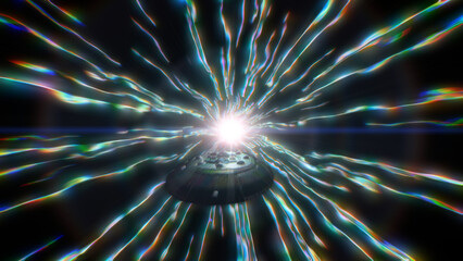 Bright cosmic light burst with blue green streaks for hyperspace travel, interstellar speed, futuristic transitions, energetic motion, science fiction journeys and abstract space backgrounds © Versa