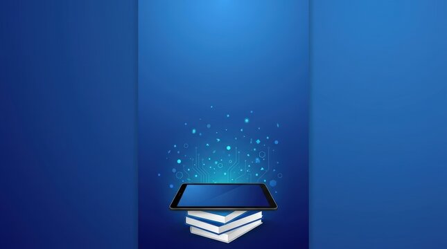 Tablet and books symbolizing digital education on blue vertical background