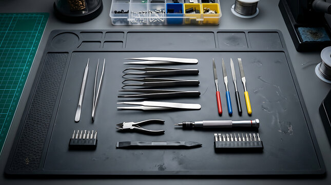 Precision electronic repair tools organized on a dark rubber workbench mat
