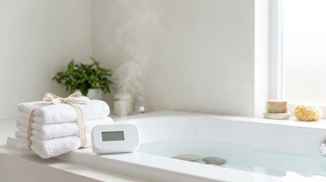Folded white towels and digital thermometer on bathtub edge in modern bathroom
