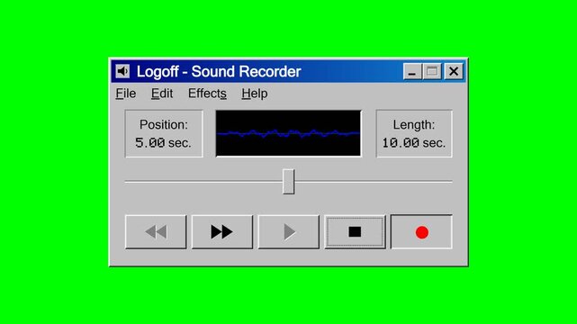 Retro Sound Recorder Software Interface Window with Moving Playback Slider and Blue Audio Waveform Displaying Progress from One to Ten Seconds on Green Screen Background for Chroma Keying