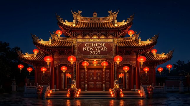 Chinese temple gate decorated with glowing red lanterns for new year 2027