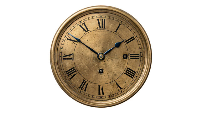 Antique brass clock face with roman numerals and metallic hands on transparent background