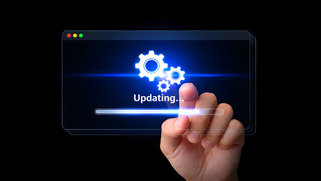 Digital Software Update and Technology Upgrade Concept. Businessman Touching Update Progress Interface on Virtual Screen. Maintenance, System Security Patch, Application Enhancement, New Features.