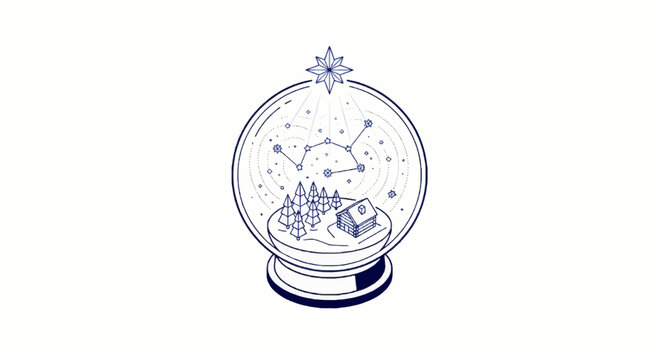 Isometric snow globe with miniature geometric winter landscape and internal Cassiopeia constellation line art vector design, celestial Christmas concept