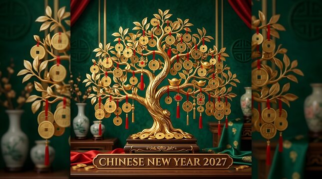 Golden money tree with chinese coins and red tassels for lunar new year 2027