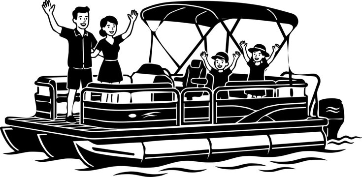 Happy family on pontoon boat illustration